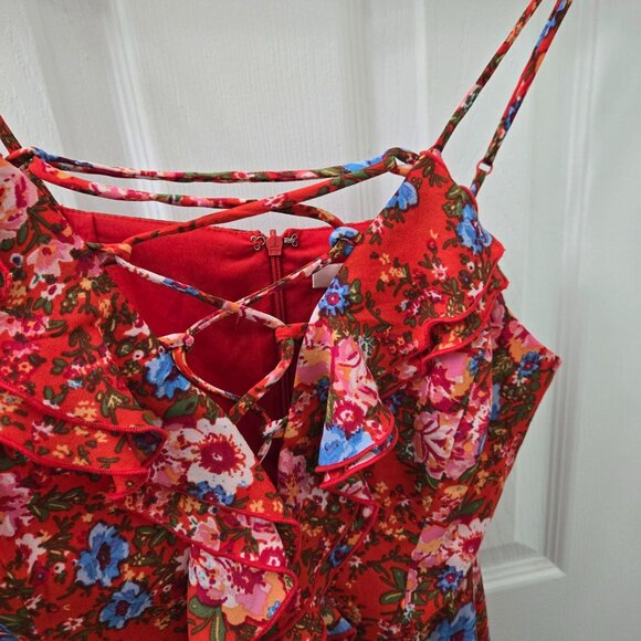 Wayf Maxi Dress Women Small Red Ditzy floral Lace up Slit Back Zip Party Wedding - Picture 8 of 16